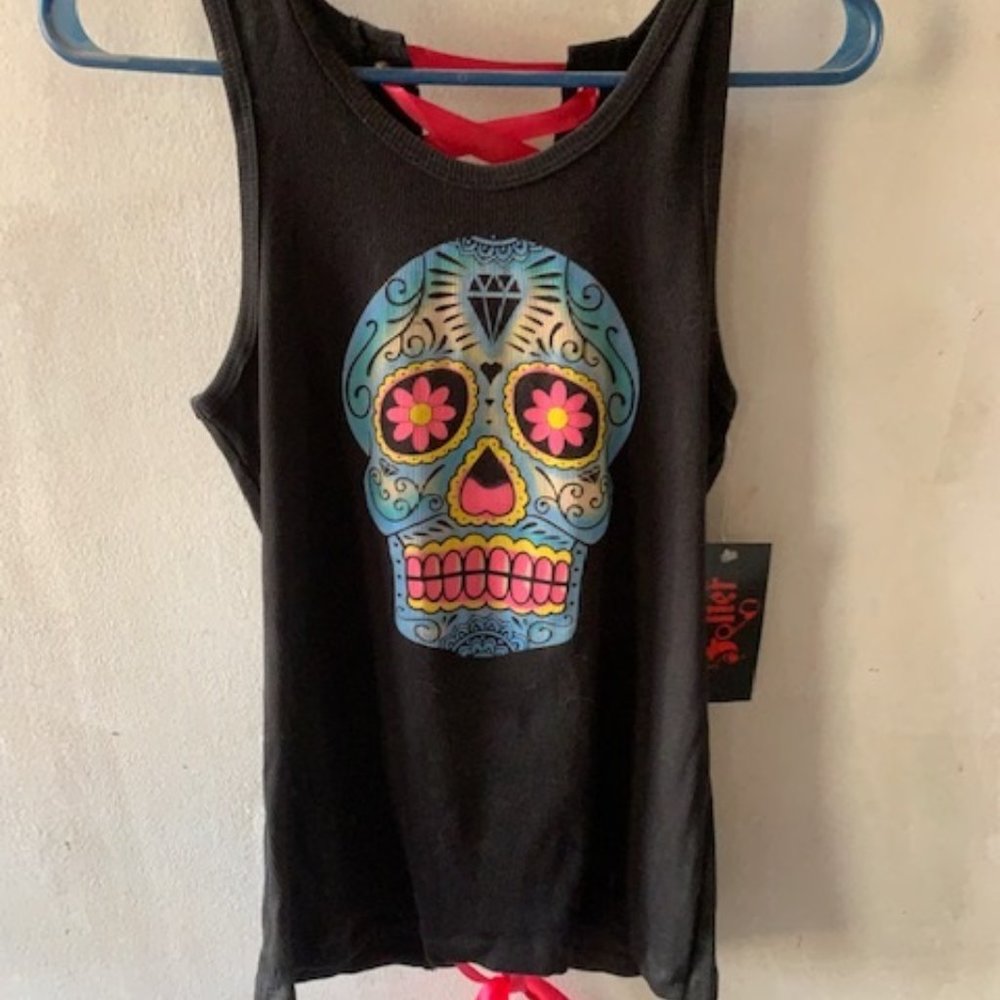 FOLTER Sugar Skull Corset Beater Lace Up Rib Knit Top-Sz Medium